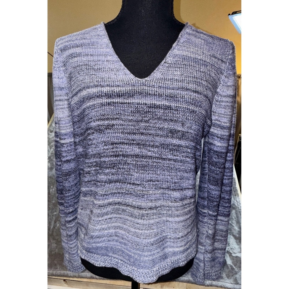 NIC+ZOE V-Neck Sweater Women S Blue Ombre Linen Blend Excellent Space Dye